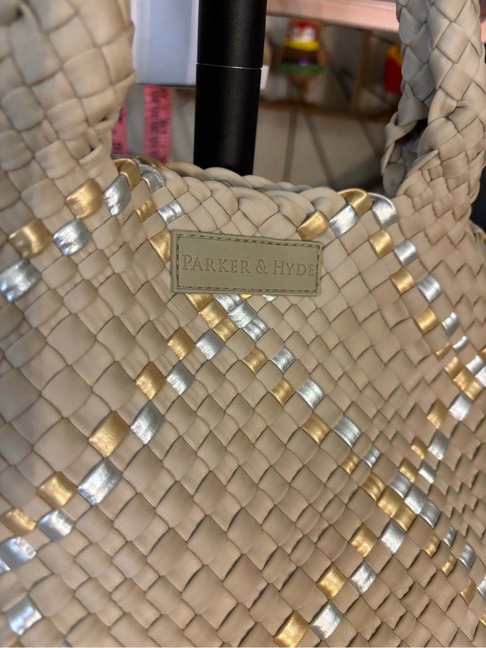 Parker & Hyde Beige Metallic Woven Tote Bag and Strap - Picture 5 of 10